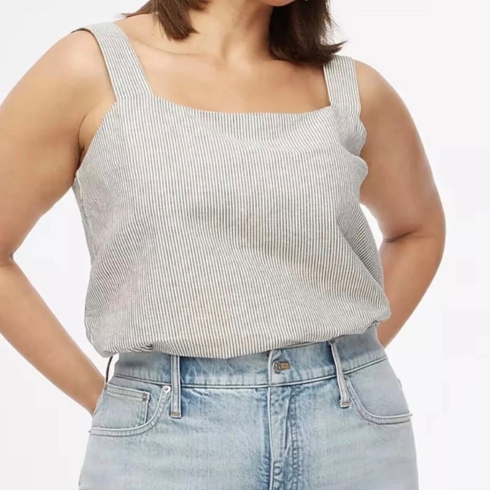 J.Crew Pinstripe Coastal Linen Blend Sleeveless Gray White Striped Tank Top XXL